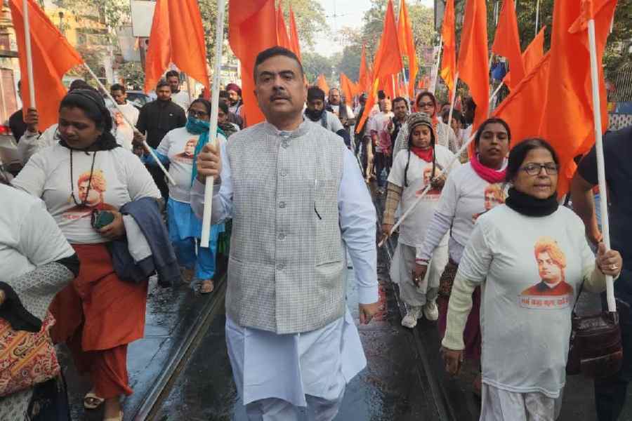 Suvendu Adhikari participates in a march to pay tribute to Swami Vivekananda on his birth anniversary in Calcutta on Monday