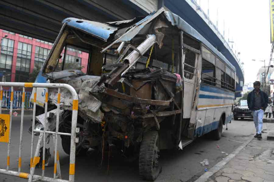 The mangled bus after the crash on the Park Circus connector on Tuesday morning. Picture by Sanat Kr Sinha