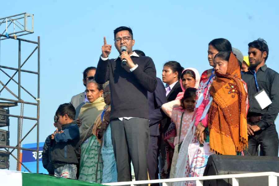 Abhishek Banerjee speaks at the public meeting with 'dead voters' in Cooch Behar on Tuesday