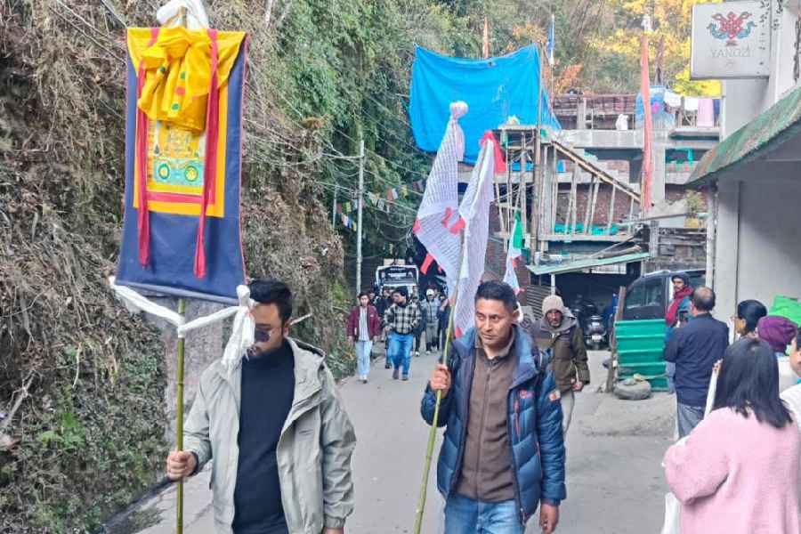Youths join the funeral procession of Prashant Tamang in Darjeeling on Tuesday
