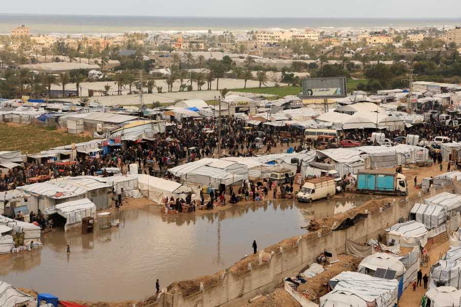 Displaced Palestinians shelter at a tent camp in Khan Younis, southern Gaza Strip, January 14, 2026.