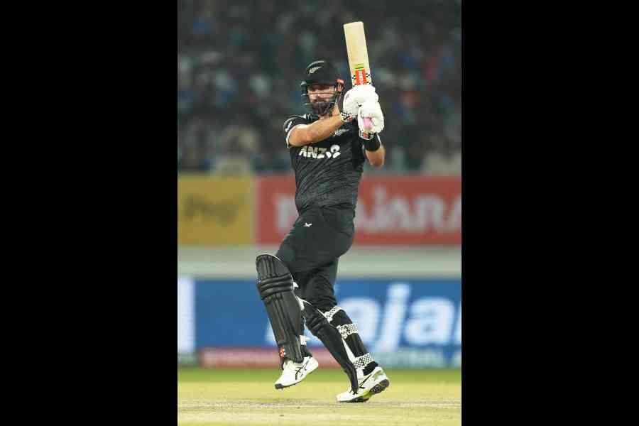 Man of the Match Daryl Mitchell during his unbeaten131 in New Zealand’s seven-wicket win over India in the second ODI in Rajkot on Wednesday.