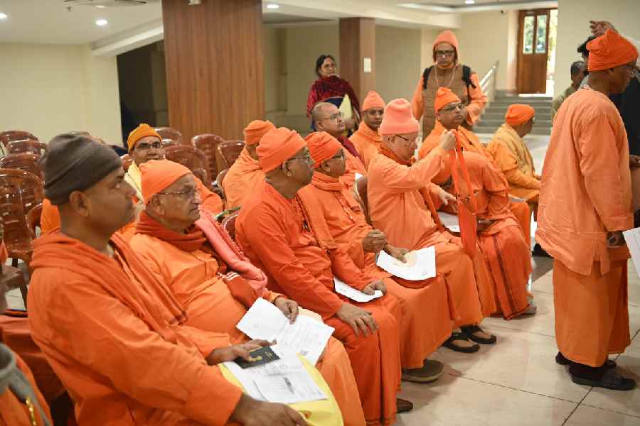 Monks appear for the SIR hearing at Belur Math on Wednesday afternoon.