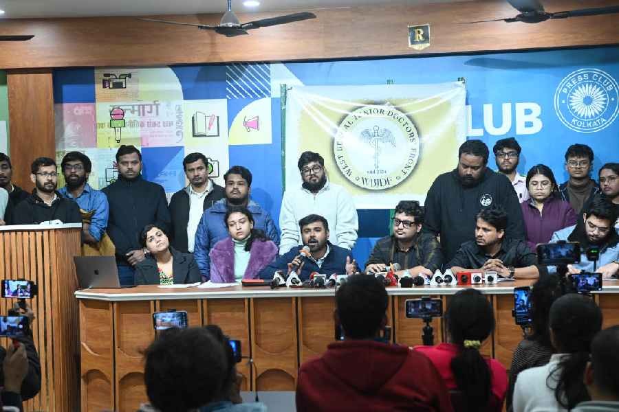 The West Bengal Junior Doctors’ Front addresses the news conference on Wednesday evening.