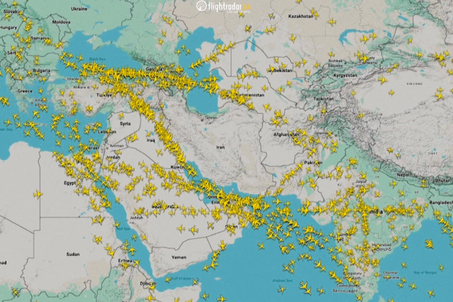 Empty airspace over Iran, during a temporary closure of the country's airspace amid concerns about possible military action between the United States and Iran, in this screengrab obtained from the internet on January 15, 2026.