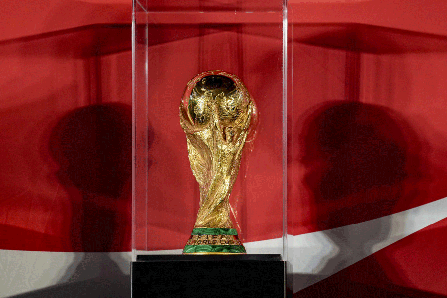 The FIFA World Cup 2026 trophy after being unveiled during an event.