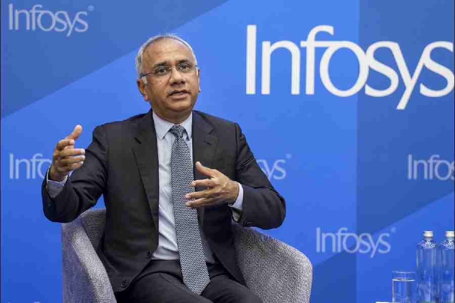 Infosys CEO Salil Parekh during announcement of the company's third quarter financial results, in Bengaluru, Wednesday, Jan. 14, 2026.
