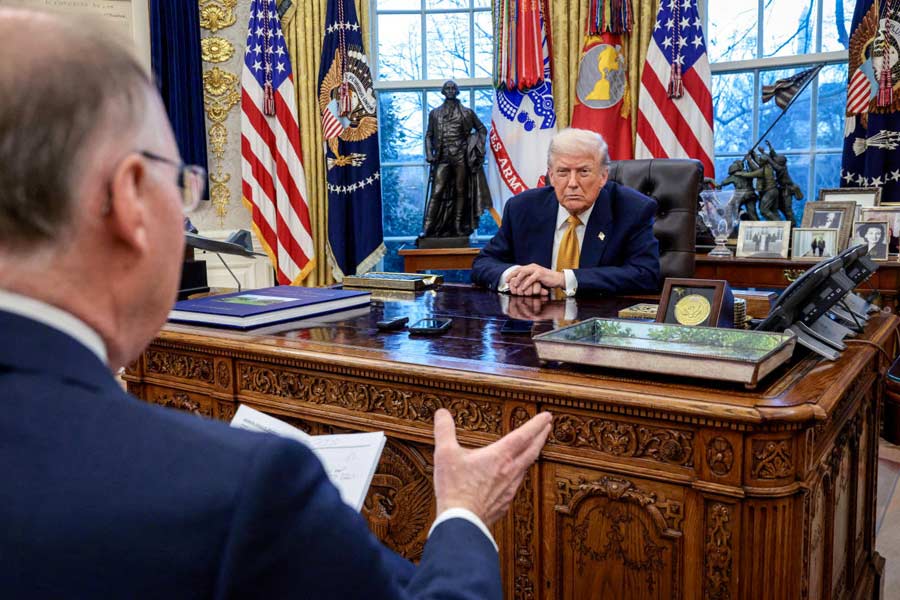 U.S. President Donald Trump is interviewed by Reuters White House correspondent Steve Holland during an exclusive interview in the Oval Office in the White House in Washington, D.C., U.S., January 14, 2026.