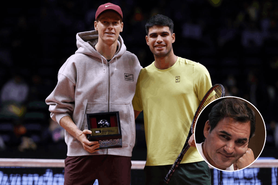 Carlos Alcaraz and Jannik Sinner, (inset) Roger Federer