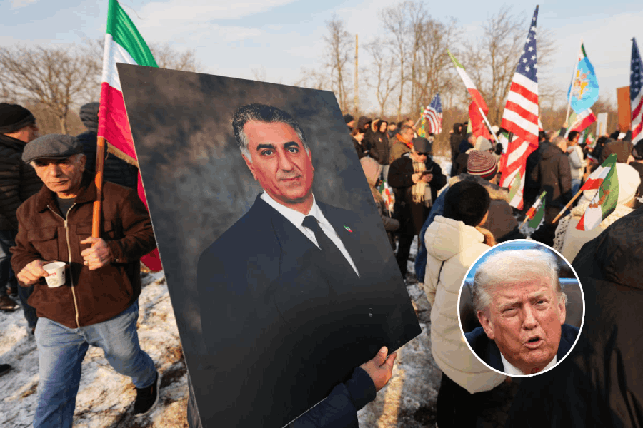 A member of the Iranian community holds a photograph of Iran's exiled crown prince Reza Pahlavi, (inset) Donald Trump