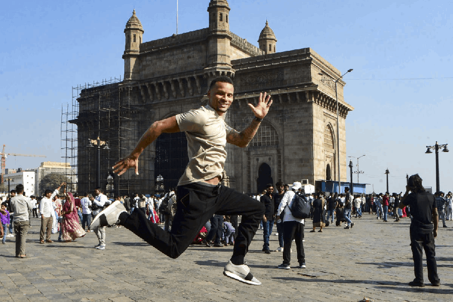 Andre De Grasse, International Event Ambassador for the Tata Mumbai Marathon 2026, at the Gateway of India in Mumbai, Thursday, Jan. 15, 2026.