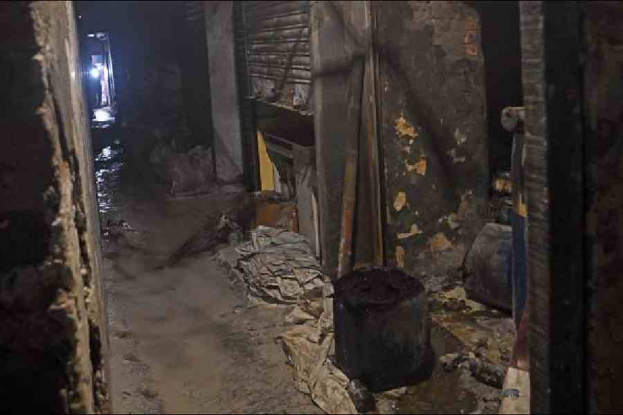 The charred interiors of the chemical godown on NS Road on Thursday. Picture by Sanat Kr Sinha
