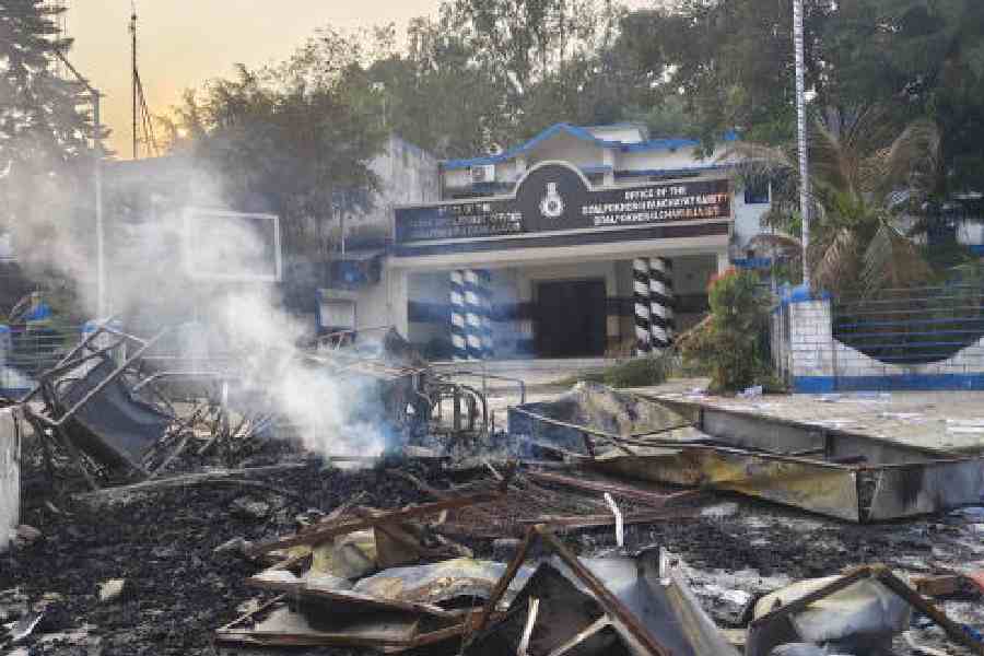 Charred remains of furniture, documents and other items on the premises of the Goalpokher-II BDO office in Chakulia, North Dinajpur district, after the arson on Thursday. Pictures by Kousik Sen