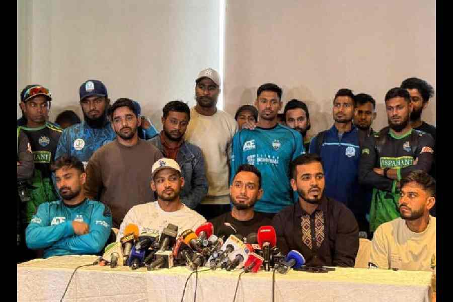 Leading players of Bangladesh and members of the players’ body (Cricketers Welfare Association of Bangladesh),in a picture shared on X, register their protest over comments by BCB director Nazmul Islam