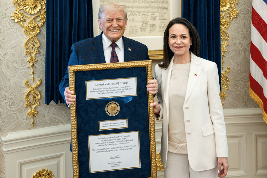 President Donald J. Trump meets with María Corina Machado of Venezuela in the Oval Office, during which she presented the President with her Nobel Peace Prize in recognition and honor.