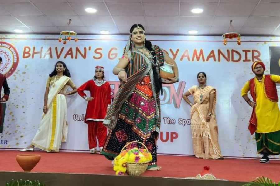 Students dressed in costumes from different states of India. 