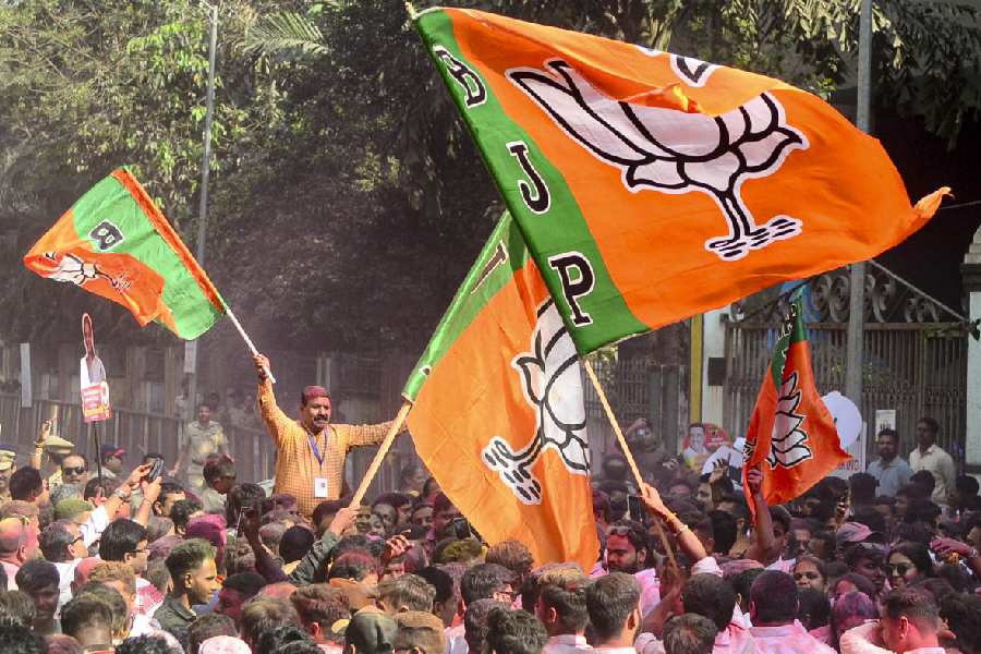 BJP workers celebrate a party’s candidate’s victory in the Navi Mumbai Municipal Corporation (NMMC) elections, at Kopar Khairane, in Navi Mumbai, Maharashtra, Friday, Jan. 16, 2026.