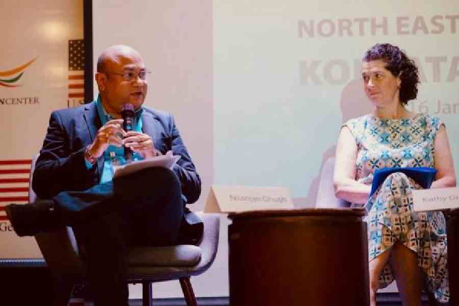 Consul general Kathy Giles-Diaz (right) and Nilanjan Ghosh, senior director at Observer Research Foundation,at the American Center on Friday