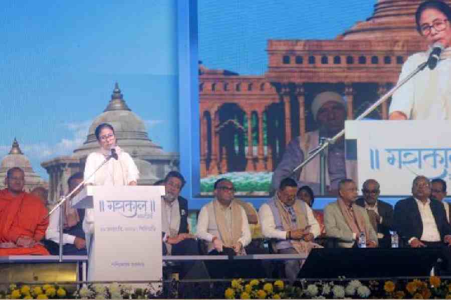 Mamata Banerjee delivers a speech during the foundation-laying ceremony of the Mahakal Temple at Matigara near Siliguri on Friday