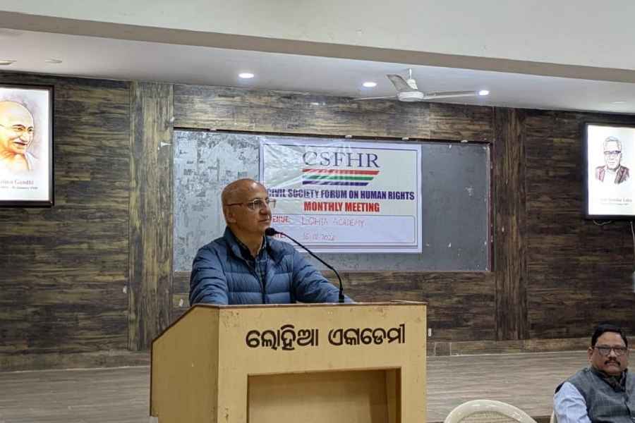 Harsh Mander addressesthe event at Lohia Academy on Friday