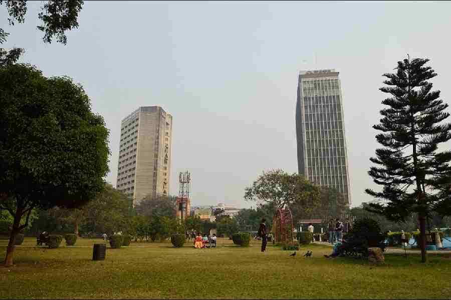 Jeevan Sudha building (left) and Tata Centre  seen from Eliott Park in Calcutta