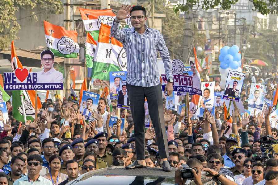 TMC National General Secretary Abhishek Banerjee during a road show ahead of the West Bengal Assembly elections, in Nadia district, West Bengal, Sunday, Jan. 18, 2026.