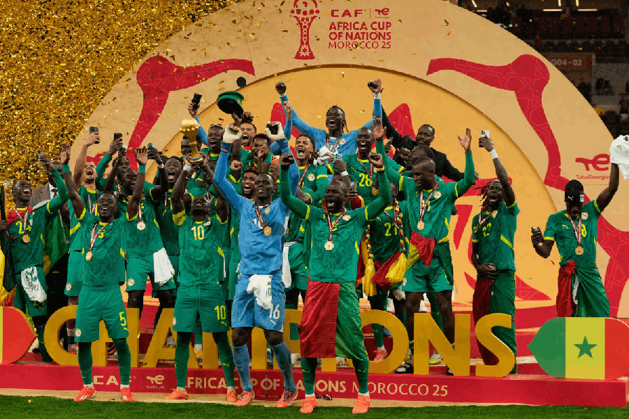 Senegalese players celebrate after winning the Africa Cup of Nations final soccer match agaisnt Morocco, in Rabat, Morocco, Sunday, Jan. 18, 2026.