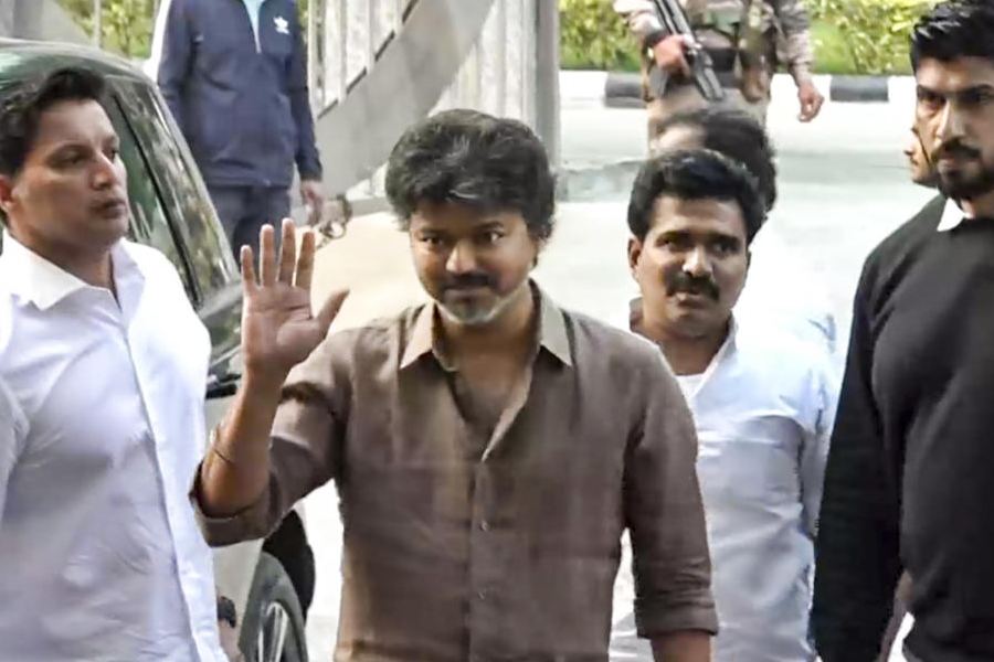 TVK chief and actor Vijay leaves from CBI headquarters after the second round of questioning in connection with the Karur stampede case, in New Delhi, Monday, Jan. 19, 2026.