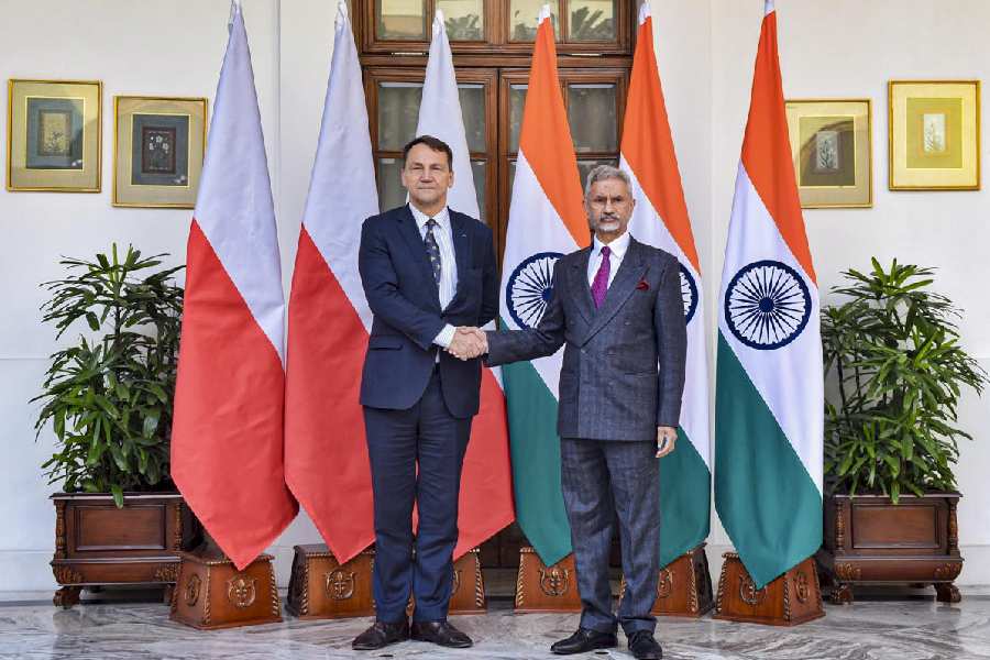 S Jaishankar with Radoslaw Sikorski in New Delhi.
