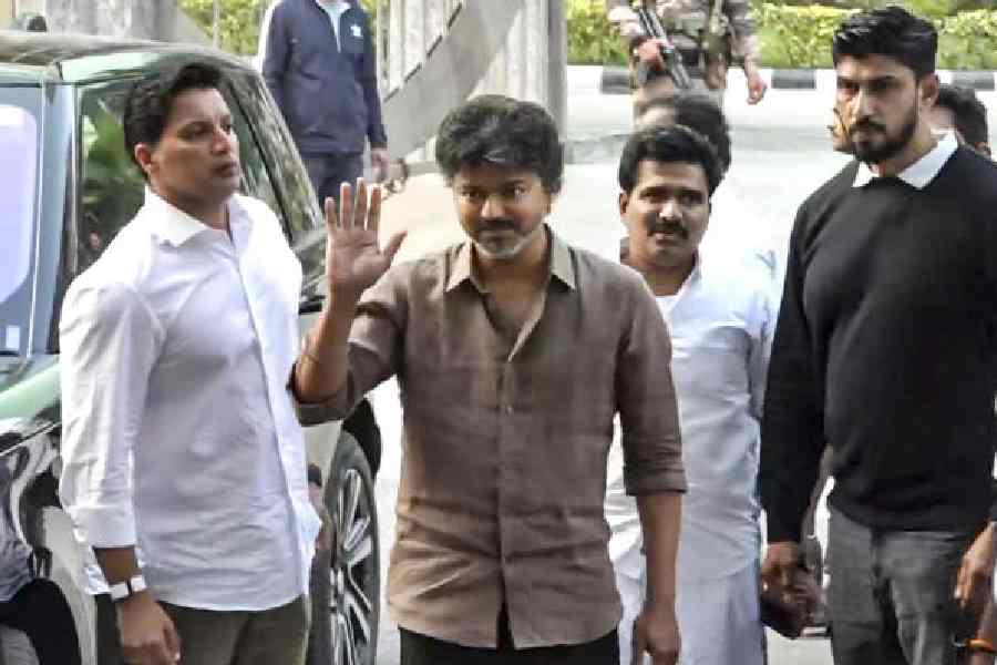Vijay outside the CBI headquarters after his questioning on Monday.