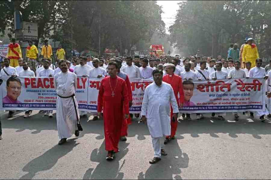 Bishop Paritosh Canning leads the peace rally on Tuesday afternoon. Pictures by Sanat Kr Sinha