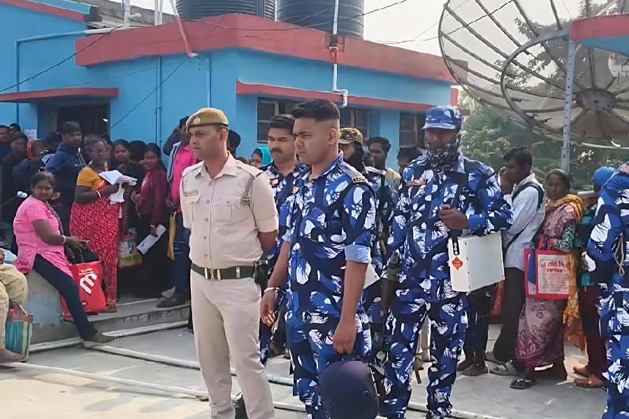 Police personnel deployed on the BDO office premises after the vandalism in Sandeshkhali, North 24-Parganas, on Tuesday morning.