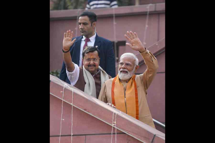Newly elected BJP president Nitin Nabin with Narendra Modi at the party headquarters in New Delhi on Tuesday.