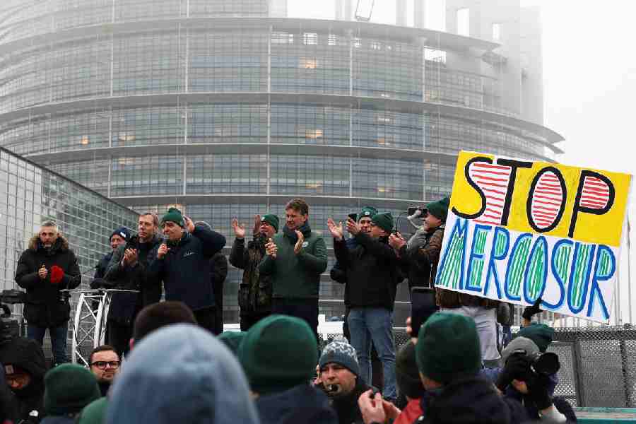 Farmers from across Europe react after the European Parliament voted on whether to refer the EU-Mercosur trade agreement to the Court of Justice of the European Union (CJEU), in Strasbourg, France, January 21, 2026.