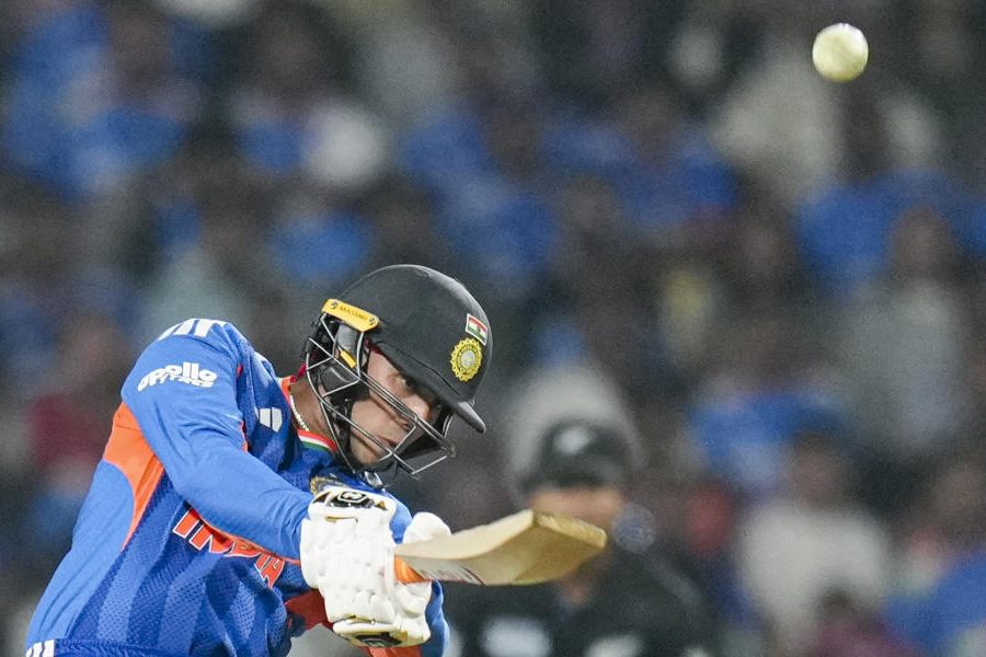 India's Abhishek Sharma plays a shot during the first T20I cricket match between India and New Zealand, at Vidarbha Cricket Association Stadium in Nagpur, Maharashtra, Wednesday, Jan. 21, 2026.