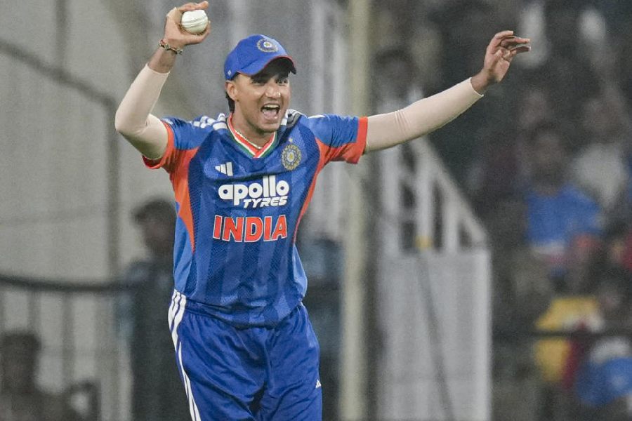 India's Abhishek Sharma celebrates after taking a catch of New Zealand's Rachin Ravindra during the first T20I cricket match between India and New Zealand, at Vidarbha Cricket Association Stadium in Nagpur, Maharashtra, Wednesday, Jan. 21, 2026.