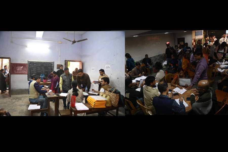 Voters appear for SIR hearings at Sammilita Balika Vidyalaya in Baghajatin, Jadavpur, and (right) St Sebastian’s School in Tangra on Wednesday.