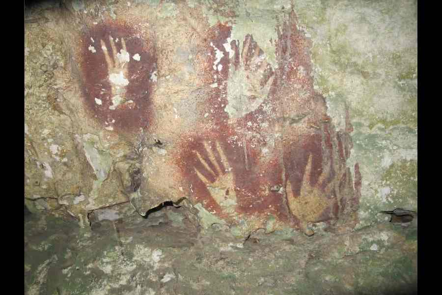 Narrowed finger hand stencils from another Sulawesi site.