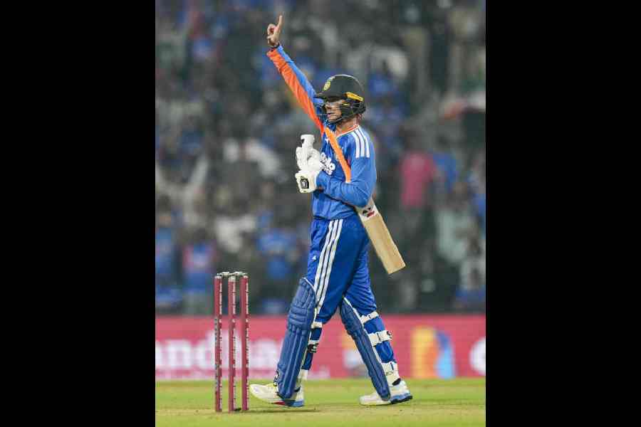Abhishek Sharma celebrates after reaching his half-century in the first T20I against New Zealand in Nagpur on Wednesday.