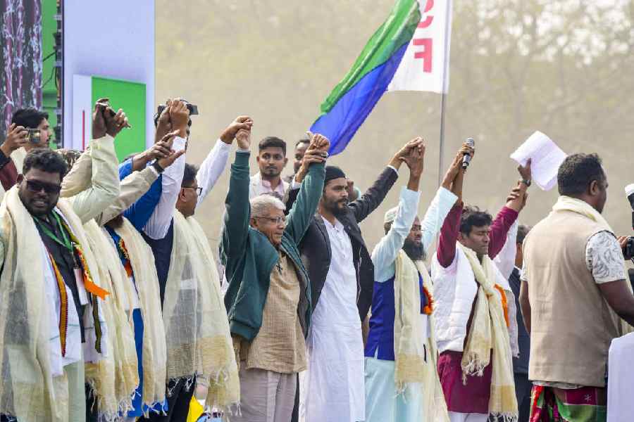 ISF chief Nawsad Siddiqui (in while kurta), with other leaders, at the rally to observe the party’s foundation day at Shaheed Minar on Wednesday.