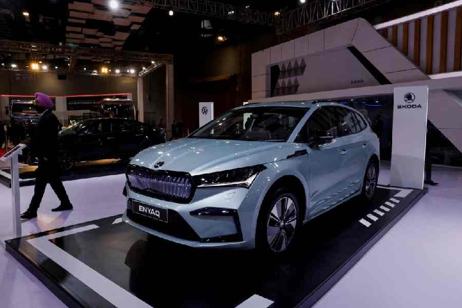 Skoda's Enyaq electric SUV is seen on display at Bharat Mobility Global Expo organised by India's commerce ministry at Pragati Maidan in New Delhi