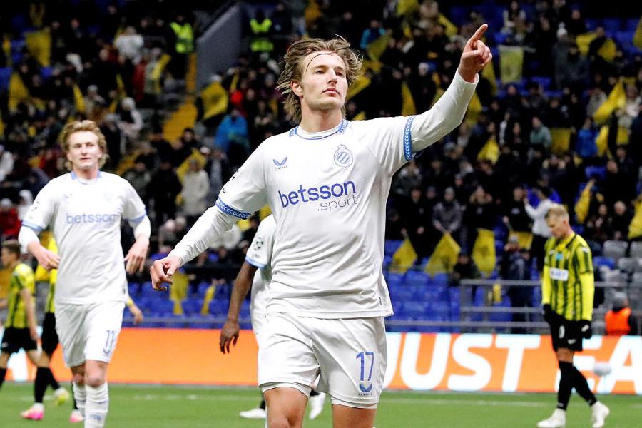 Club Brugge's Romeo Vermant celebrates scoring their third goal on January 20, 2026 at  Astana Arena, Astana, Kazakhstan.
