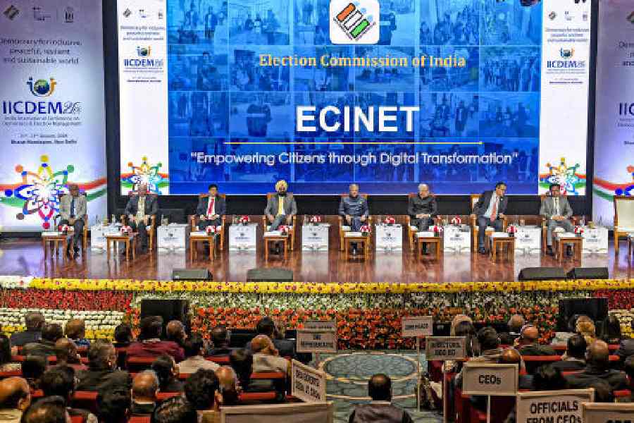 The launch of ECINET at Bharat Mandapam in New Delhi on Thursday. 