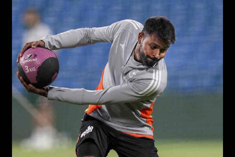 All-rounder Hardik Pandya sweats it out at a practice session.