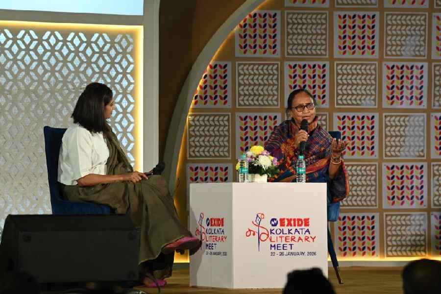 Banu Mushtaq (right) in conversation with Chinki Sinha at the Kolkata Literary Meet at the Alipore Museum on Thursday evening.