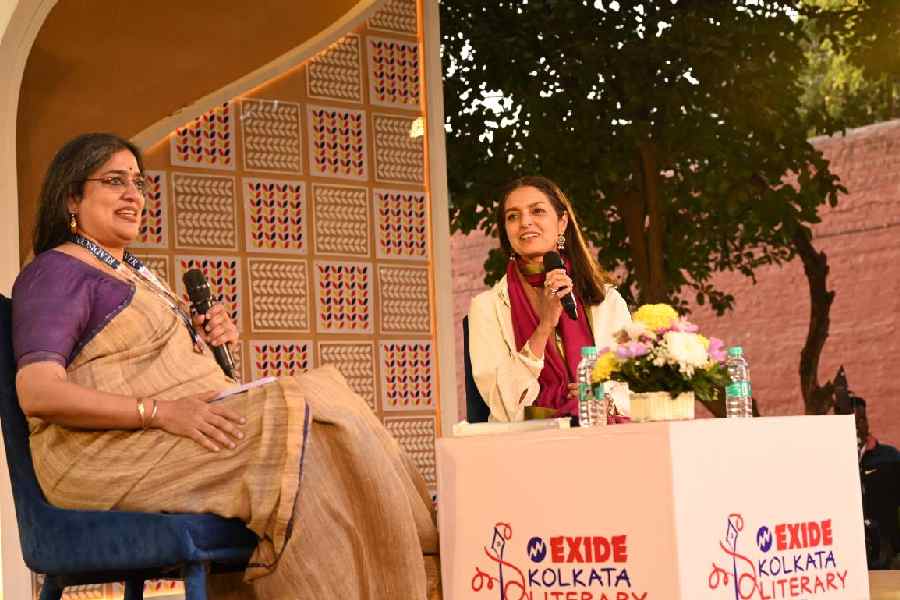 Jhumpa Lahiri (right) in conversation with Malavika Banerjee at the Kolkata Literary Meet on Thursday