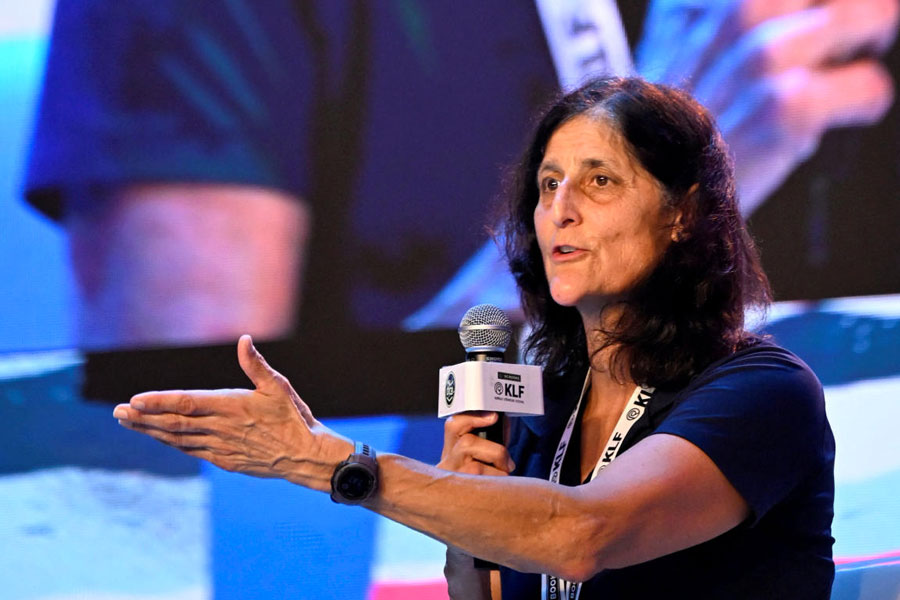 Astronaut Sunita Williams gestures as she speaks at the Kerala Literature Festival in Kozhikode, Kerala, India, January 22, 2026.