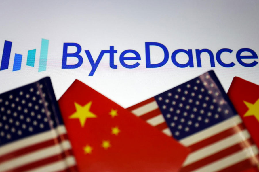 FILE PHOTO: Illustration picture of Bytedance logo with Chinese and U.S. flags