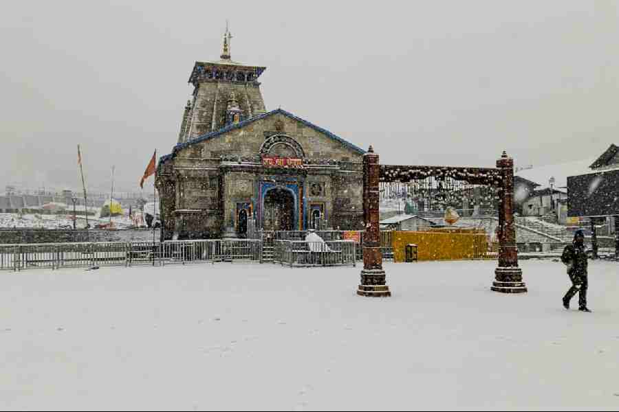 A view of the snow-covered Kedarnath Temple amid snowfall, in Kedarnath, Rudraprayag district of Uttarakhand, Friday, January 23, 2026.