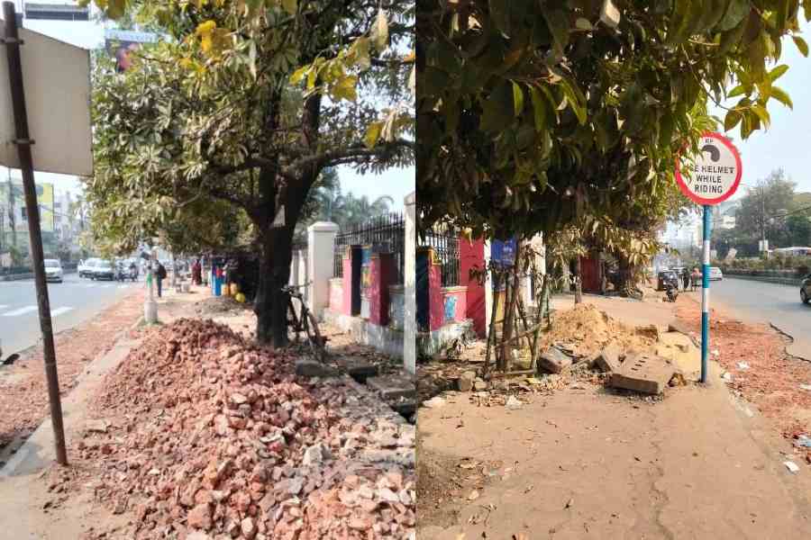 Debris and construction material strewn on the pavement next to GST Bhavan and (right) on another portion of the footpath till the Ruby crossing